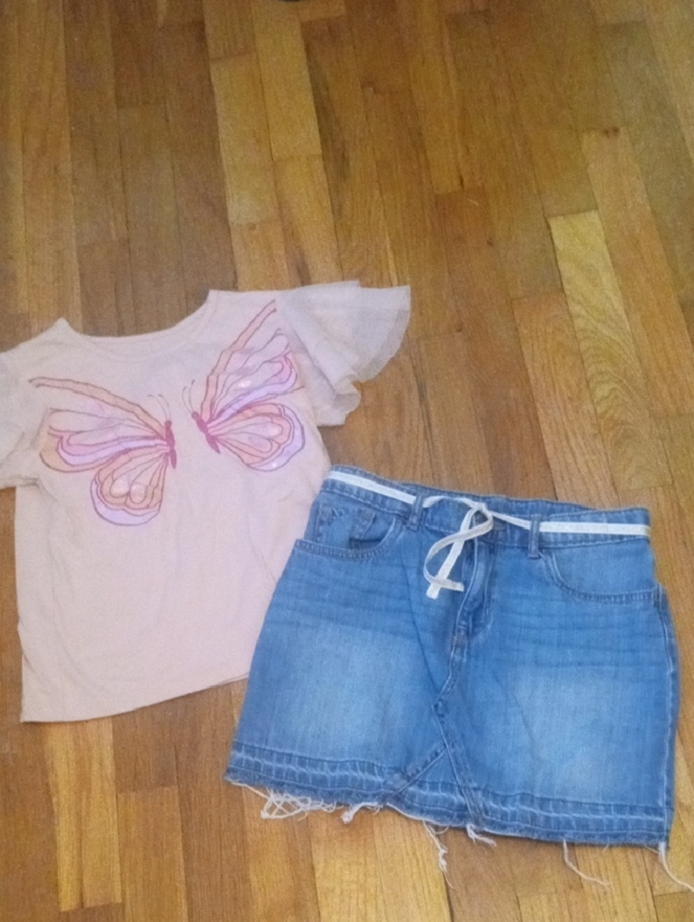 Pink Butterfly Tee and Denim Skirt Set 10